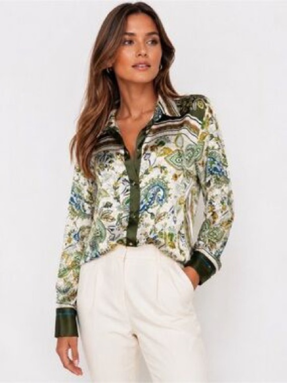 Zara Paisley Button-Down Shirt in Green and White